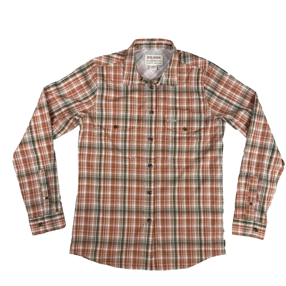 CC Filson Shirt Womens‎ S Orange Gray Plaid Vented Outdoor Lightweight Button